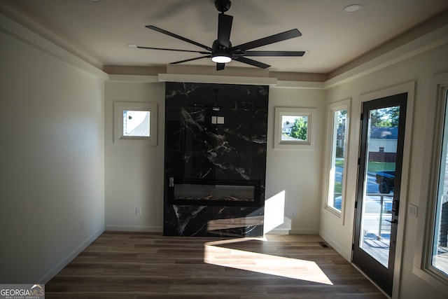 interior space featuring ceiling fan and dark hardwood / wood-style flooring