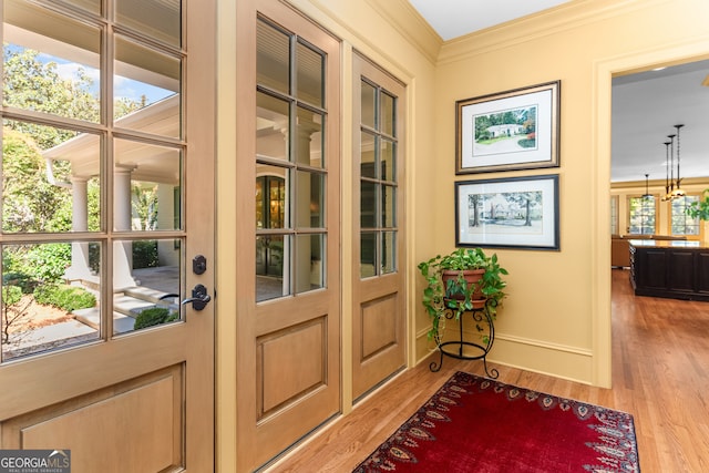 entryway featuring hardwood / wood-style flooring, crown molding, and a wealth of natural light