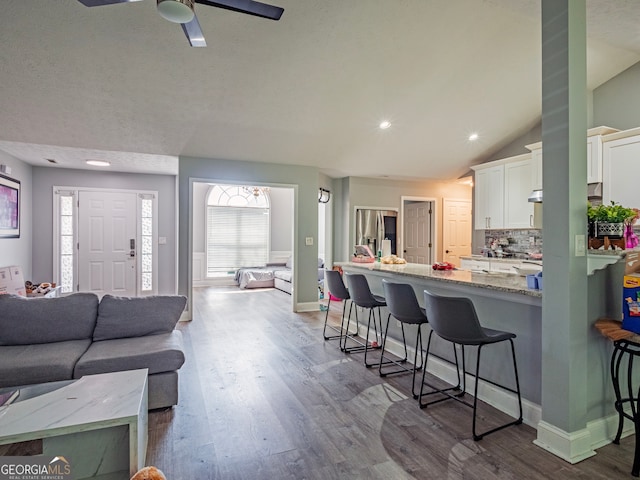 living room with vaulted ceiling, ceiling fan, and light hardwood / wood-style flooring