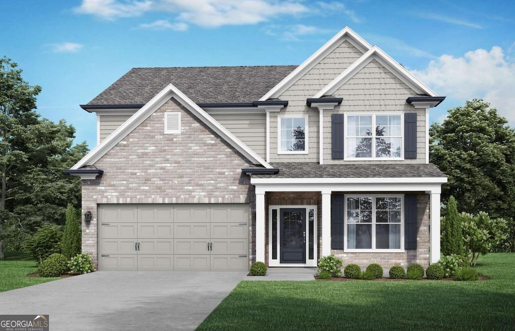 view of front of house featuring roof with shingles, driveway, a garage, and a front lawn