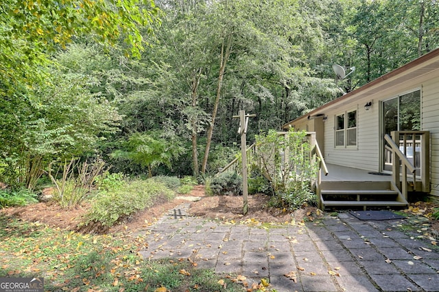 view of yard featuring a deck and a patio