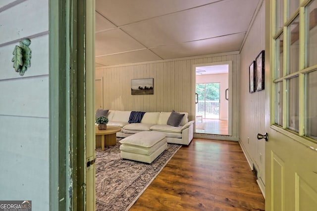 living room with dark wood-type flooring and wooden walls