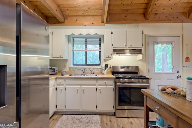 kitchen featuring appliances with stainless steel finishes, wood ceiling, beam ceiling, and white cabinetry