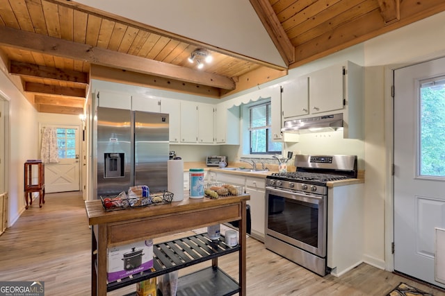 kitchen with appliances with stainless steel finishes, wood ceiling, white cabinetry, light hardwood / wood-style floors, and beamed ceiling