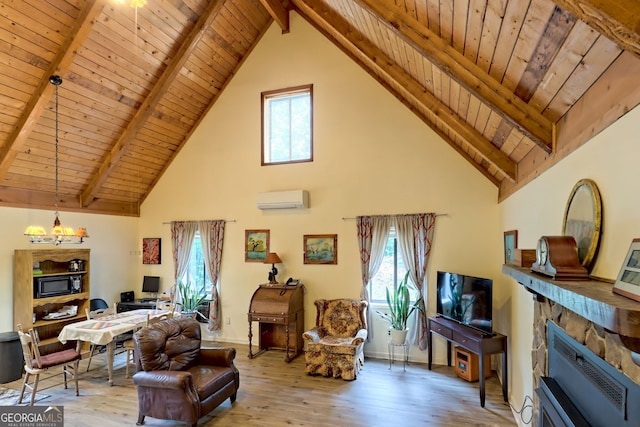 living room featuring beamed ceiling, wooden ceiling, hardwood / wood-style floors, and a wall mounted AC