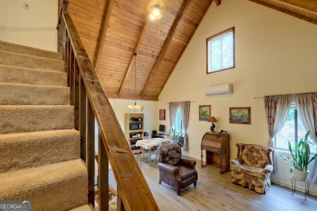 staircase with an AC wall unit, wood-type flooring, and wooden ceiling