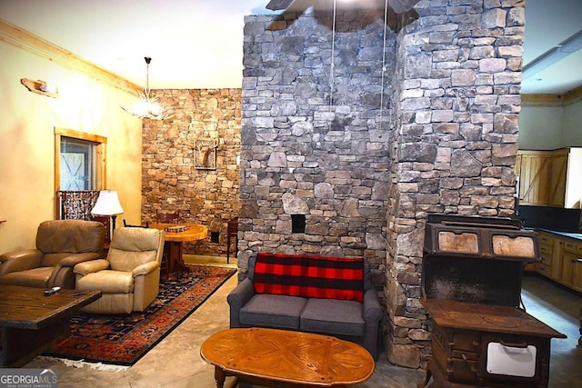 tiled living room featuring ornamental molding