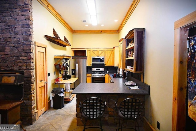 1625 Brushy Mountain Rd, Rockmart, GA 30153 - kitchen with stainless steel appliances, ornamental molding, a peninsula, open shelves, and dark countertops