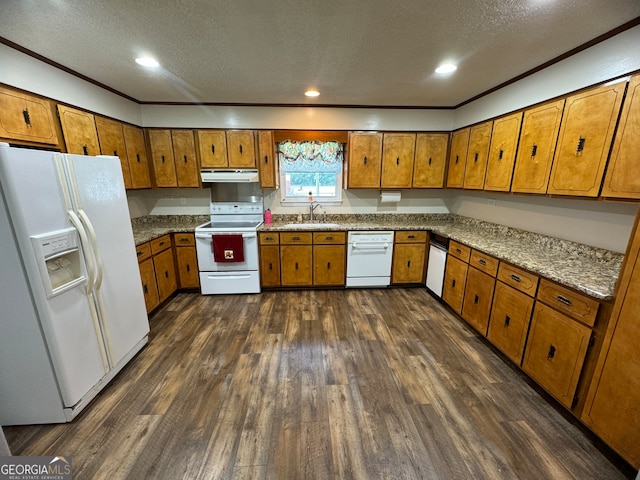 kitchen featuring a textured ceiling, white appliances, ornamental molding, and dark hardwood / wood-style floors