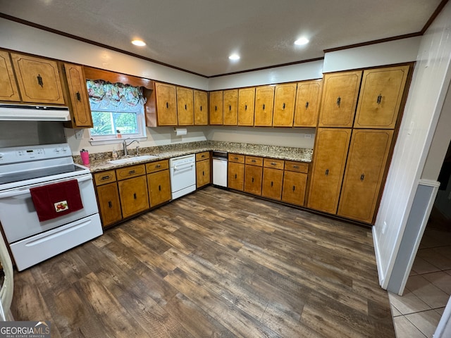 kitchen featuring crown molding, white appliances, sink, and dark hardwood / wood-style flooring