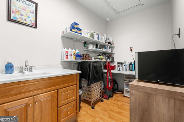 home office featuring light hardwood / wood-style floors and sink