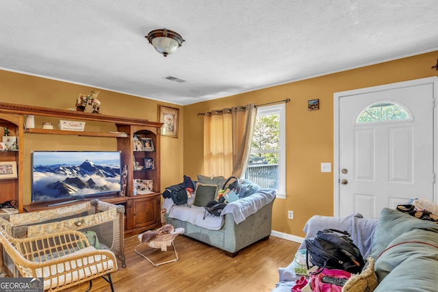 living room with a textured ceiling, wood-type flooring, and a healthy amount of sunlight