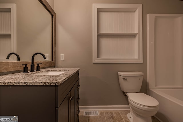 full bathroom with separate shower and tub, vanity, toilet, and tile patterned floors