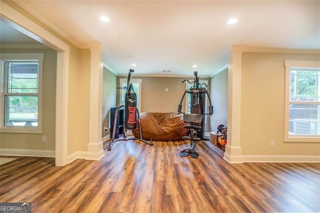 exercise room with a healthy amount of sunlight, ornamental molding, and wood-type flooring