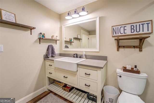 bathroom with wood-type flooring, vanity, and toilet