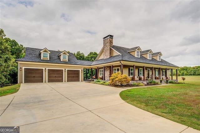 new england style home featuring a front lawn, a porch, and a garage