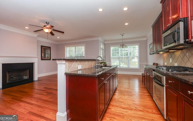 kitchen featuring light wood finished floors, appliances with stainless steel finishes, ornamental molding, dark brown cabinets, and a sink