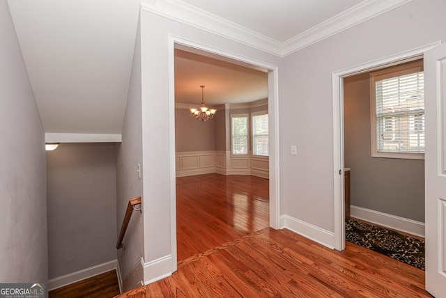 corridor featuring crown molding, a decorative wall, wainscoting, wood finished floors, and a chandelier