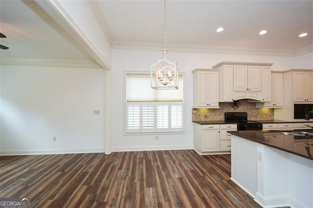 kitchen featuring pendant lighting, dark hardwood / wood-style floors, ornamental molding, and black / electric stove