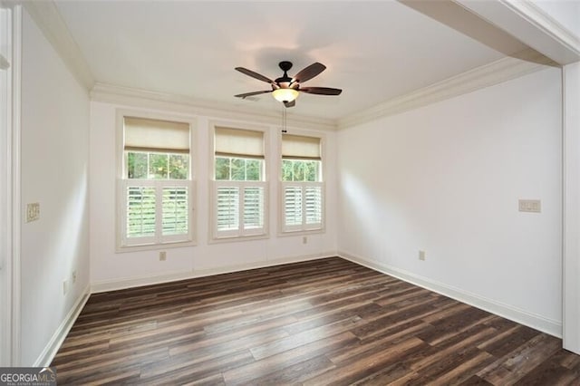 unfurnished room with dark hardwood / wood-style flooring, ceiling fan, plenty of natural light, and ornamental molding