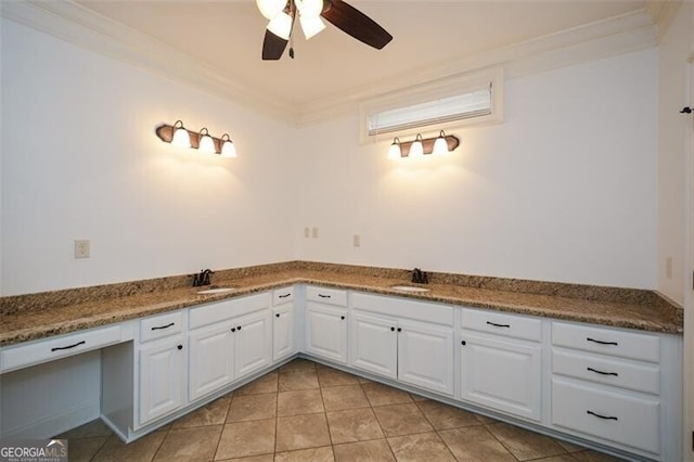 bathroom with vanity, tile patterned floors, ceiling fan, and crown molding