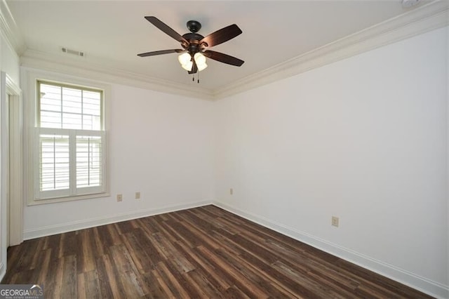 unfurnished room featuring ceiling fan, dark hardwood / wood-style floors, and ornamental molding