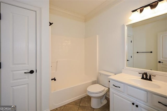 full bathroom featuring tile patterned floors, vanity, crown molding, shower / tub combination, and toilet