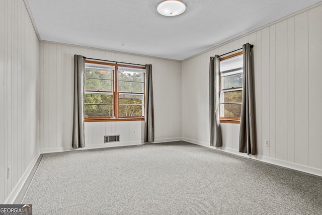 carpeted spare room featuring crown molding and a textured ceiling