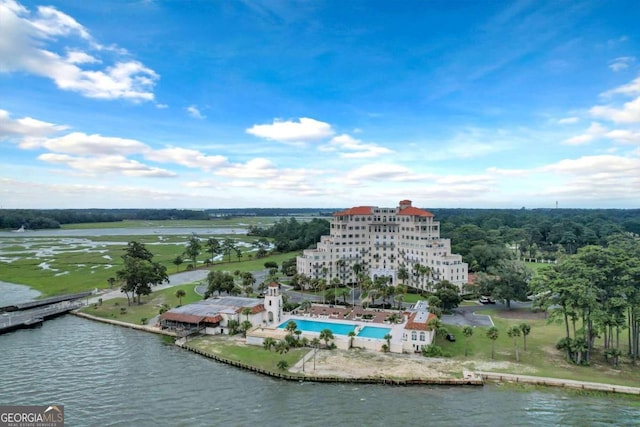 aerial view featuring a water view