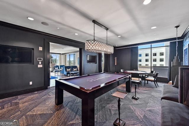 recreation room featuring dark carpet, billiards, and crown molding