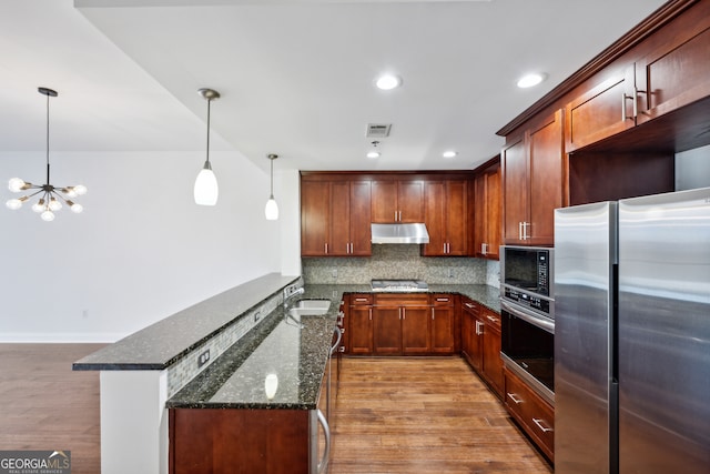 kitchen featuring light hardwood / wood-style flooring, stainless steel appliances, pendant lighting, and dark stone counters