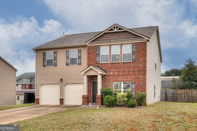 view of front of home featuring a garage, central AC, and a front lawn