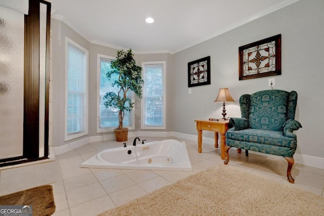 bathroom with tiled bath, ornamental molding, and tile patterned floors