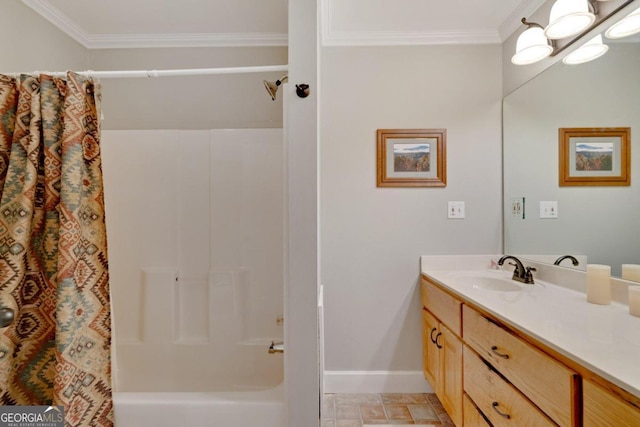 bathroom with ornamental molding, shower / bath combination with curtain, and vanity