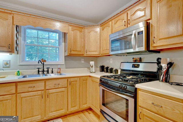 kitchen with light hardwood / wood-style floors, sink, appliances with stainless steel finishes, ornamental molding, and light brown cabinetry