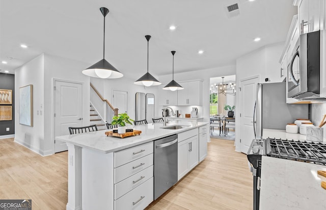 kitchen featuring appliances with stainless steel finishes, white cabinets, sink, and a center island with sink