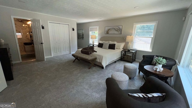 carpeted bedroom featuring a textured ceiling, ensuite bathroom, and a closet