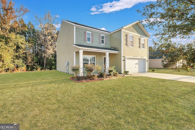 view of front property featuring a front lawn and a garage