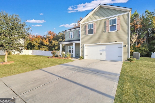 view of front of home featuring a garage, central air condition unit, and a front lawn