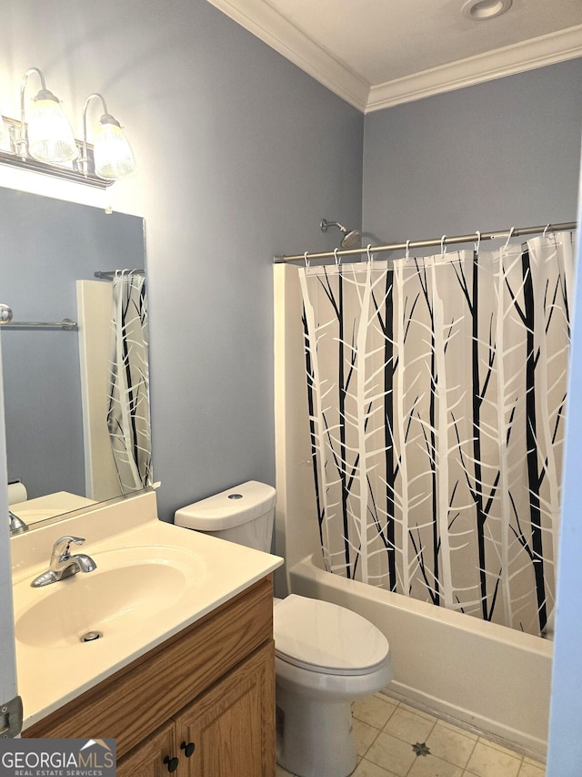 1080 Julian St, Bartow, GA 30413 - full bath featuring vanity, shower / bathtub combination with curtain, tile patterned flooring, crown molding, and toilet