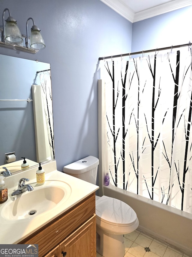 full bathroom featuring vanity, crown molding, shower / tub combo with curtain, toilet, and tile patterned floors