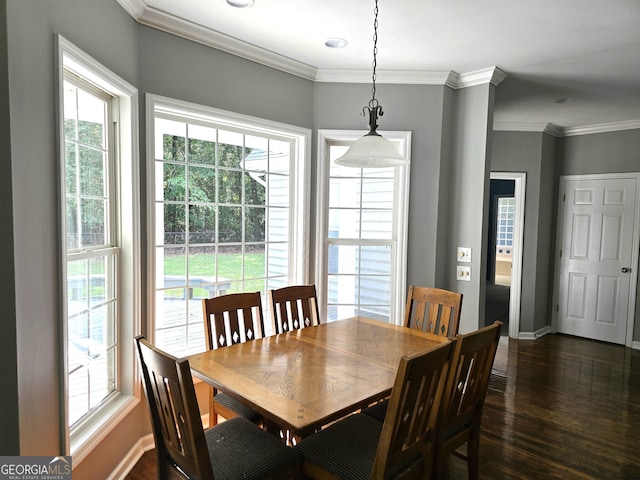 dining room featuring crown molding and dark hardwood / wood-style flooring