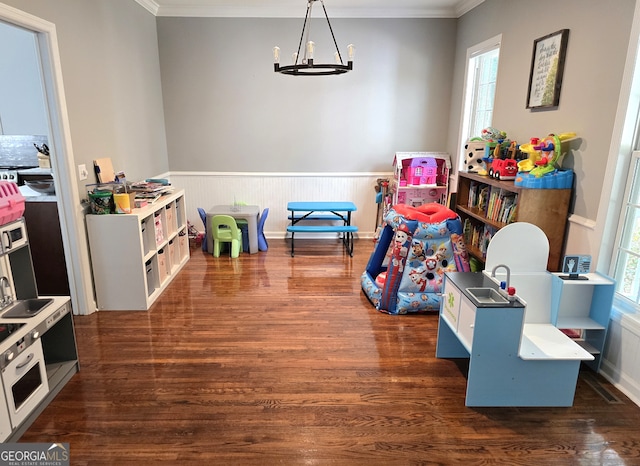 rec room featuring dark hardwood / wood-style floors, ornamental molding, and a wealth of natural light