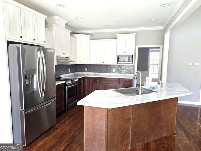 1080 Julian St, Bartow, GA 30413 - kitchen featuring under cabinet range hood, dark wood-style floors, white cabinets, stainless steel appliances, and a sink