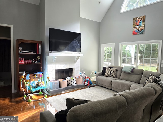 living room featuring high vaulted ceiling, hardwood / wood-style floors, plenty of natural light, and a fireplace