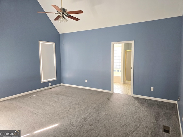 1080 Julian St, Bartow, GA 30413 - carpeted empty room featuring visible vents, baseboards, high vaulted ceiling, and a ceiling fan