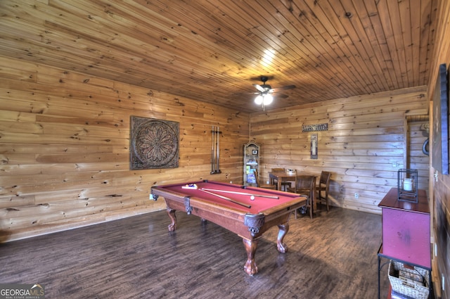 living room featuring ceiling fan, a stone fireplace, wooden walls, hardwood / wood-style flooring, and wooden ceiling