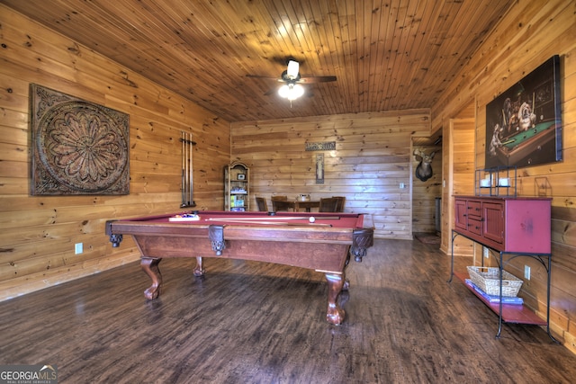 recreation room with ceiling fan, wood ceiling, wood walls, dark hardwood / wood-style floors, and pool table