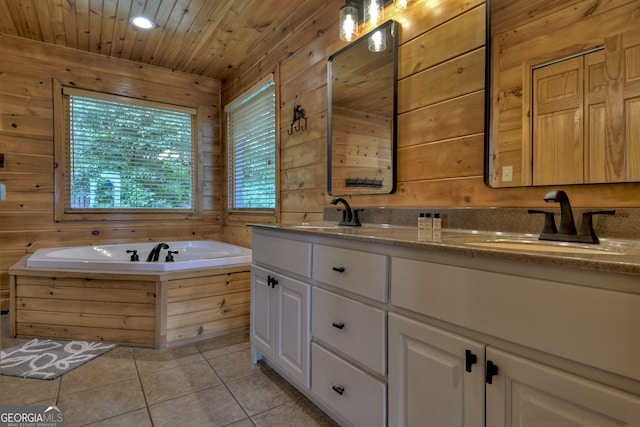 bathroom with tiled shower, wood walls, toilet, and tile patterned flooring