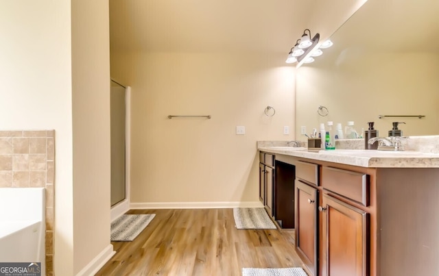 bathroom featuring vanity, hardwood / wood-style flooring, and independent shower and bath